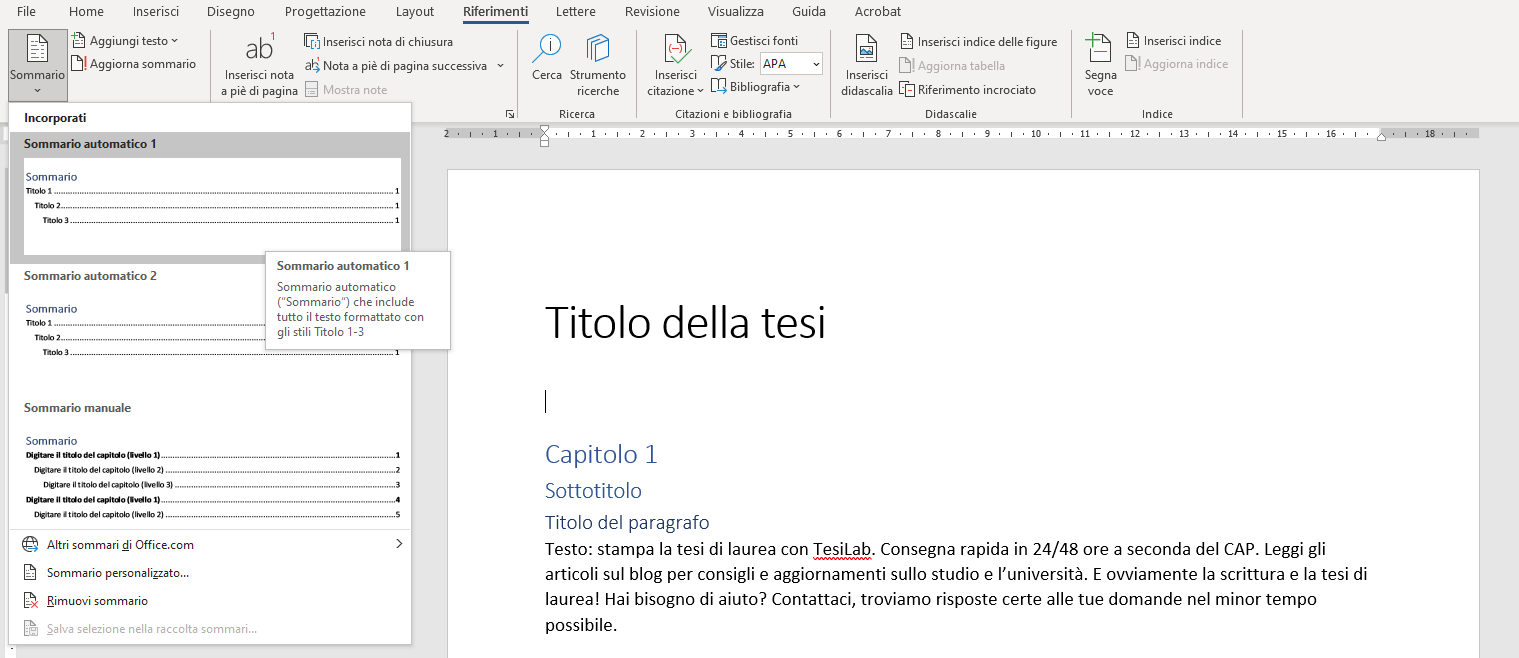 Come scrivere lindice in automatico con Word per la tesi di laurea