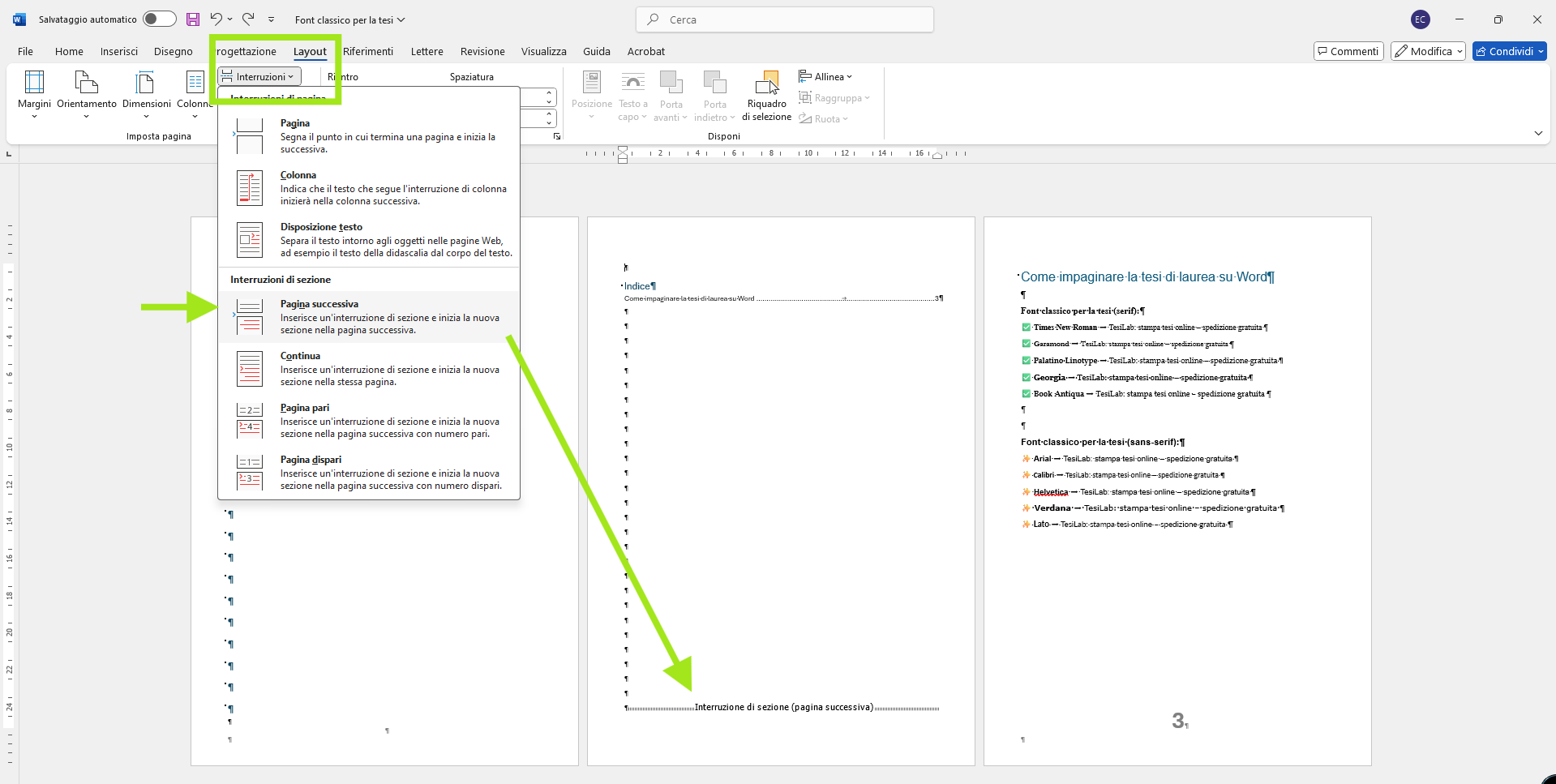 Come impaginare la tesi con Word per stampare esempi pratici - numero di pagina 3